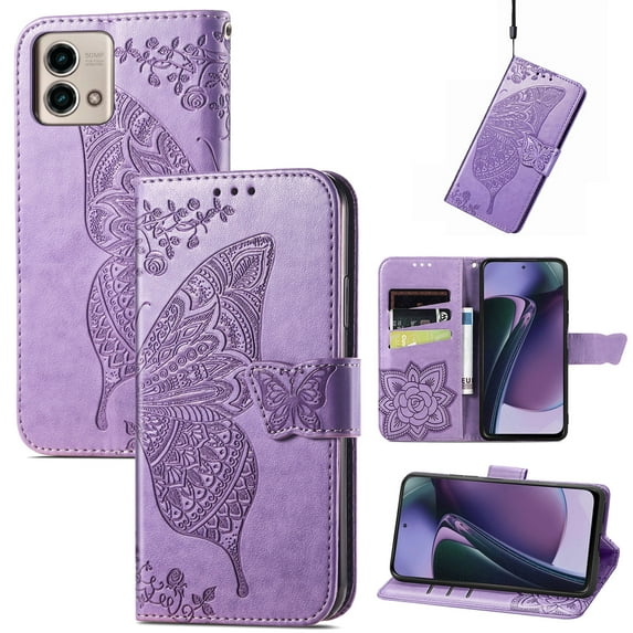 Dteck for Motorola Moto G Stylus 2023 Case Wallet, Women Flip Cover with Butterfly Emboss PU Leather Stand Card Slots Wrist Strap Protective Phone Case for Moto G Stylus 4G 2023,Light Purple