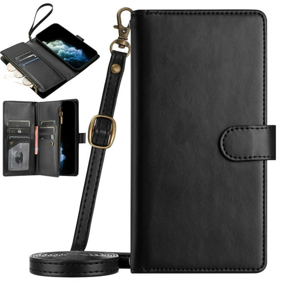 Dteck for Motorola Moto G Stylus 5G 2025 Wallet Case with Card Holder Zipper Pocket, 8 Card Slots PU Leather Flip Folio Case with Crossbody Strap Wristlet Lanyard,Shockproof TPU Inner Shell,Black