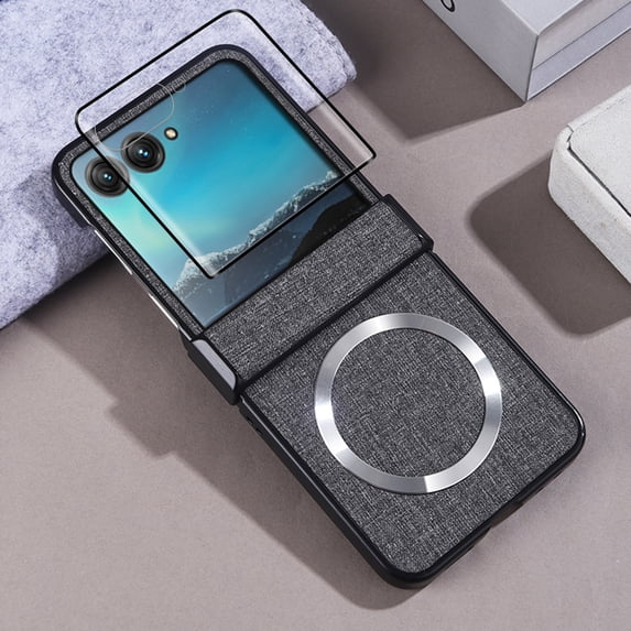 Dteck for Motorola Moto Razr 2025/2024 Magnetic Case with Screen Protector, Compatible with MagSafe, Slim PU Leather Shockproof with Hinge Cover for Razr 50/Razr 60,Gray