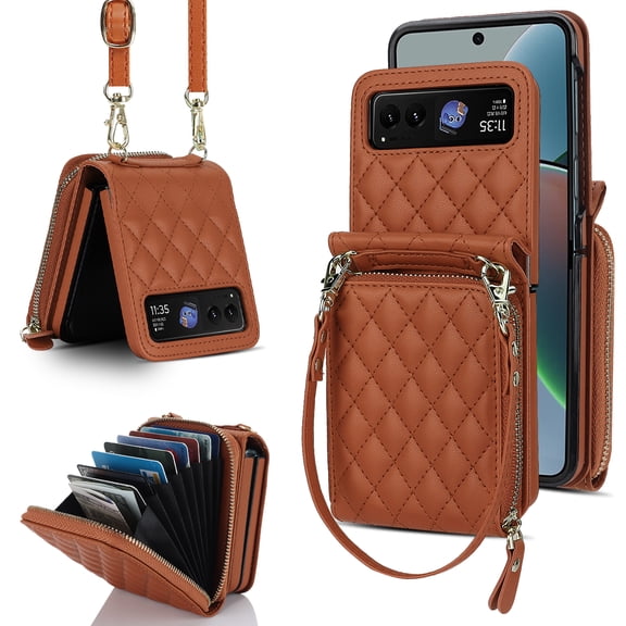 Dteck for Motorola Moto Razr 40 Wallet Case with Crossbody Strap, Large Capacity Card Holder Women Girls Premium PU Leather Moto Razr 40 Zipper Wallet Case,Brown