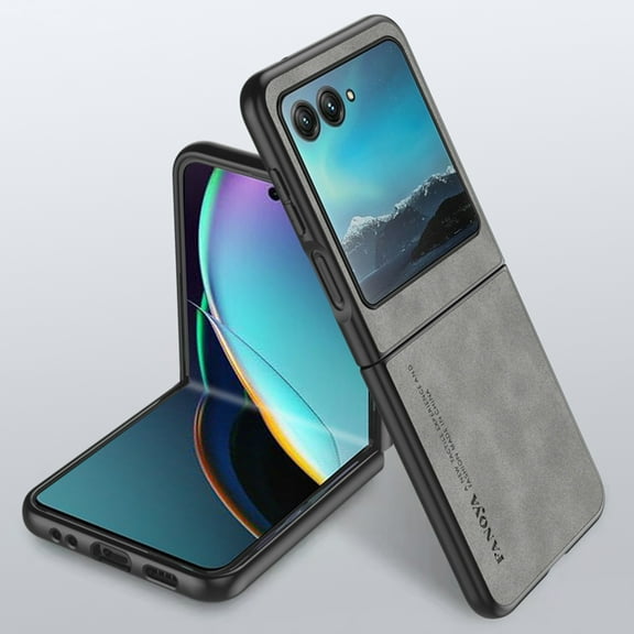 Dteck for Motorola Moto Razr + PLUS (2024) Slim Back Case, Luxury Shockproof Business Retro Premium PU Leather Hybrid Case Cover, Anti-Drop Protective Cover with Lens Protection,Gray
