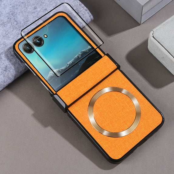 Dteck for Motorola Moto Razr 60 Ultra Magnetic Case with Screen Protector, Compatible with MagSafe, Slim PU Leather Shockproof with Hinge Cover for Moto Razr 60 Ultra,Yellow