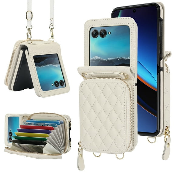 Dteck for Motorola Razr+ 2023 Case Wallet with Card Holder Zipper Pocket, Soft PU Leather RFID Blocking with Detachable Strap Crossbody Lanyard Phone Cover for Moto Razr Plus 2023,Beige