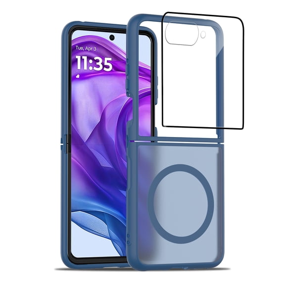 Dteck for Motorola Razr+ 2025 Case with Front Screen Protector, for Razr Plus 2024/2025 Magnetic Phone Case Compatible with MagSafe, Slim Rubber Bumper Frosted Back Shockproof Case,Blue