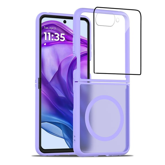 Dteck for Motorola Razr 2025 Case with Front Screen Protector, for Moto Razr 60 /Razr 2024 Magnetic Phone Case Compatible with MagSafe, Slim Rubber Bumper Frosted Back Shockproof Case,Purple