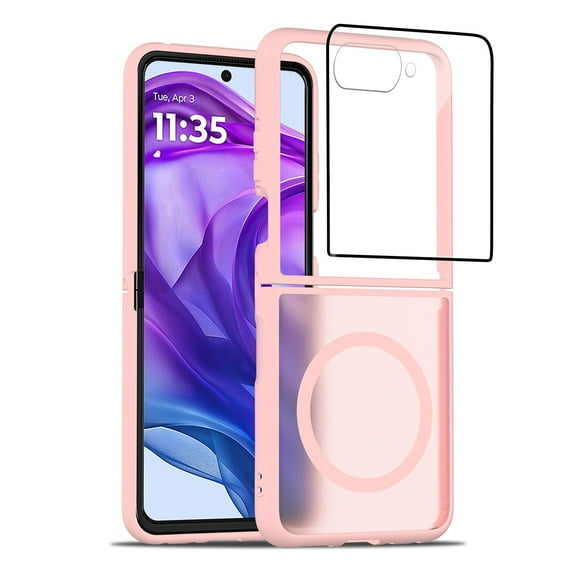 Dteck for Motorola Razr+ 2025 Case with Front Screen Protector, for Razr Plus 2024/2025 Magnetic Phone Case Compatible with MagSafe, Slim Rubber Bumper Frosted Back Shockproof Case,Pink