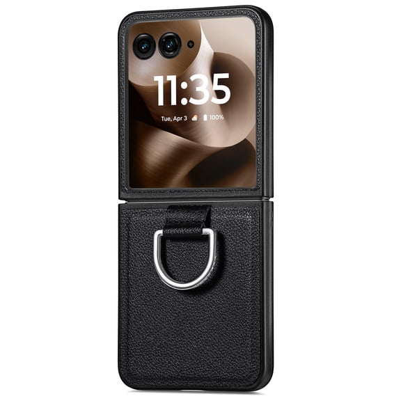 Dteck for Motorola Razr+ 2024 Case with Ring, Luxury Premium PU Leather Protective Phone Case Full Coverage Bling Diamond Ring Case for Motorola Moto 50 Ultra, Black
