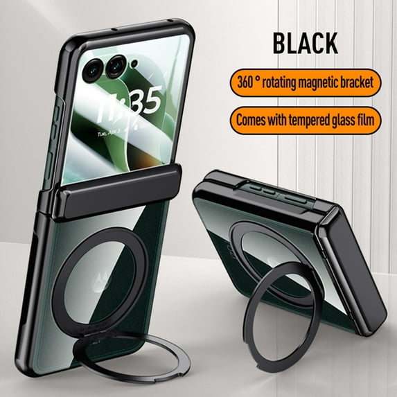 Dteck for Motorola Razr 2025/2024 Case ,Slim Non-Yellowing Case Compatible with MagSafe 360° Rotatable Ring Stand Electroplated PC Hinge Protection Built Front Screen Protector Clear Cover,Black