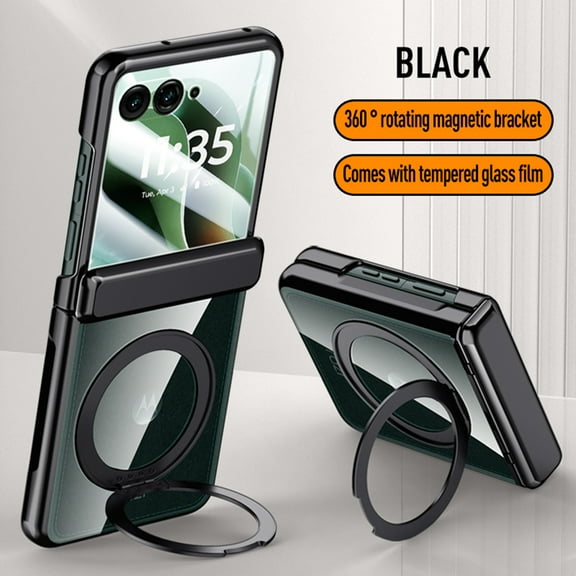 Dteck for Motorola Razr 2025/2024 Case ,Slim Non-Yellowing Case Compatible with MagSafe 360° Rotatable Ring Stand Electroplated PC Hinge Protection Built Front Screen Protector Clear Cover,Black