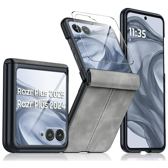 Dteck for Motorola Razr+ 2025 Case with Built-in Screen Protector, Hinge Protection, Ultra Thin PU Leather Matte PC Shockproof Phone Cover for Moto Razr Plus 2025/2024,Gray