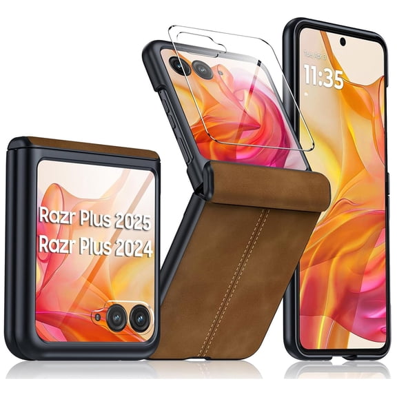 Dteck for Motorola Razr+ 2025 Case with Built-in Screen Protector, Hinge Protection, Ultra Thin PU Leather Matte PC Shockproof Phone Cover for Moto Razr Plus 2025/2024,Brown