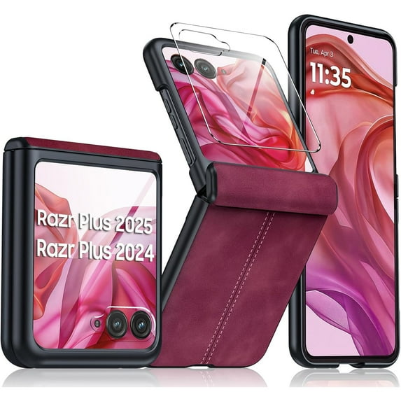 Dteck for Motorola Razr 2025 Case with Built-in Screen Protector, Hinge Protection, Ultra Thin PU Leather Matte PC Shockproof Phone Cover for Moto Razr Ultra 2025/2024,Red