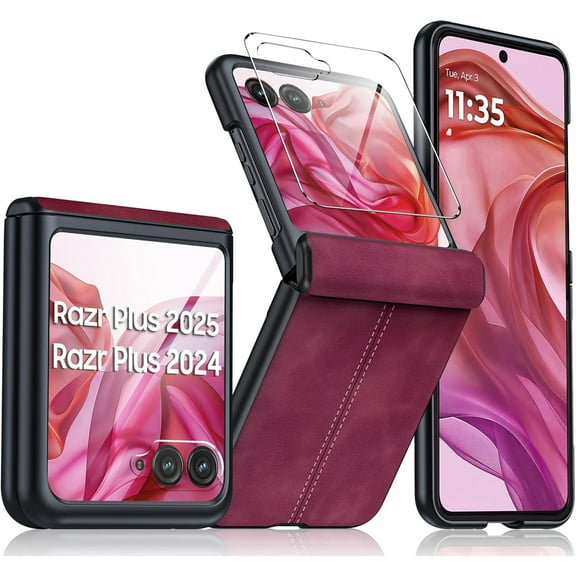 Dteck for Motorola Razr 2025 Case with Built-in Screen Protector, Hinge Protection, Ultra Thin PU Leather Matte PC Shockproof Phone Cover for Moto Razr Ultra 2025/2024,Red