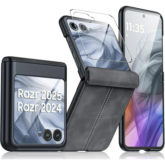 Dteck for Motorola Razr 2025 Case with Built-in Screen Protector, Hinge Protection, Ultra Thin PU Leather Matte PC Shockproof Phone Cover for Moto Razr Ultra 2025/2024,Black