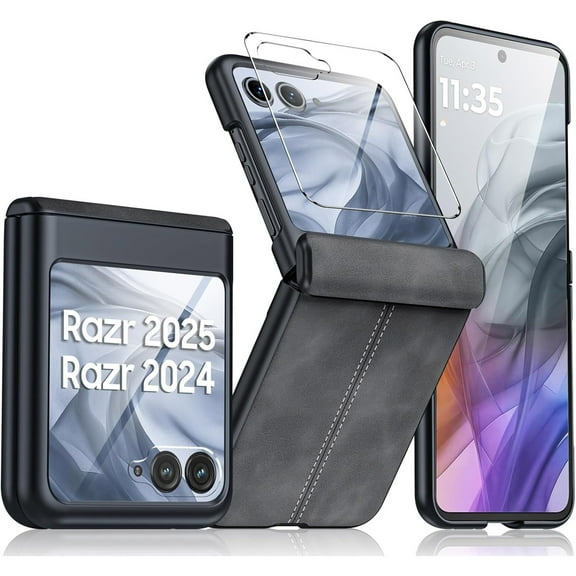 Dteck for Motorola Razr 2025 Case with Built-in Screen Protector, Hinge Protection, Ultra Thin PU Leather Matte PC Shockproof Phone Cover for Moto Razr Ultra 2025/2024,Black