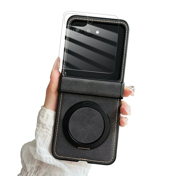 Dteck for Motorola Razr 2025 Case with Hinge Protection & Roating Magnetic Ring Stand & HD Screen Protector, Matte Shockproof Phone Cover for Razr 2025/2024,Black