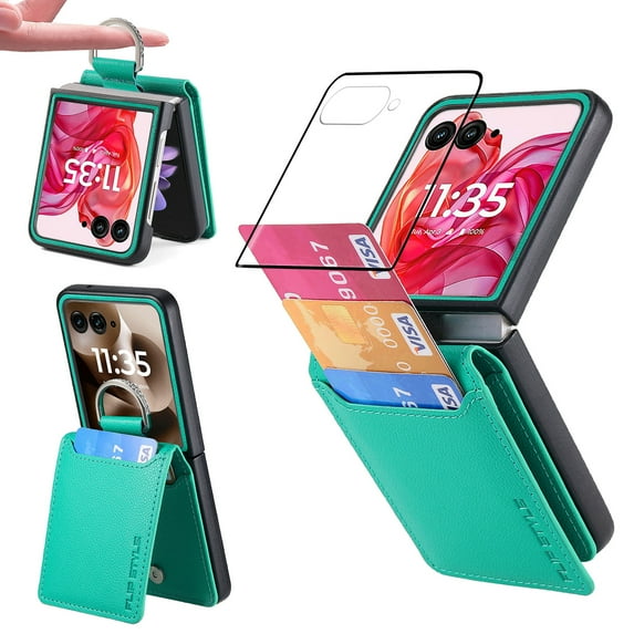 Dteck for Motorola Razr 2025 Case with Tempered Glass Screen Protector, Wallet Case for Moto Razr 2025/2024 with Card Holder, PU Leather Phone Cover with Ring Finger,Green