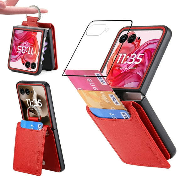 Dteck for Motorola Razr 2025 Case with Tempered Glass Screen Protector, Wallet Case for Moto Razr 2025/2024 with Card Holder, PU Leather Phone Cover with Ring Finger,Orange
