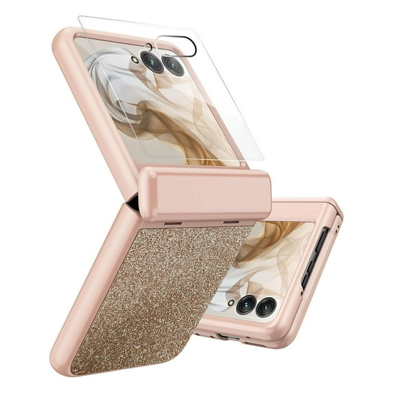 Dteck for Motorola Razr 2025 / Razr 60 Case with Screen Protector & Hinge Protection, Bling Glitter Girly Slim Shockproof Rugged Bumper Protective Case Cover, Gold