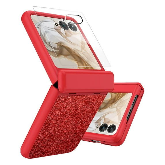 Dteck for Motorola Razr 2025 / Razr 60 Case with Screen Protector & Hinge Protection, Bling Glitter Girly Slim Shockproof Rugged Bumper Protective Case Cover, Red