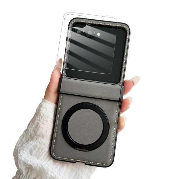 Dteck for Motorola Razr Plus 2025 Case with Hinge Protection & Roating Magnetic Ring Stand & HD Screen Protector, Matte Shockproof Phone Cover for Razr+ 2025/2024,Gray