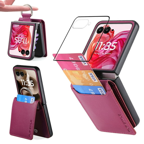 Dteck for Motorola Razr Plus 2025 Case with Tempered Glass Screen Protector, Wallet Case for Moto Razr+ 2025/2024 with Card Holder, PU Leather Phone Cover with Ring Finger,Purple