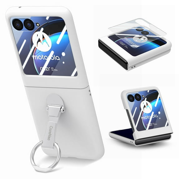 Dteck for Motorola Razr Ultra 2025 Case with Built-in Screen Protector, Metal Ring Holder Stand Shockproof Slim Hard PC Protective Phone Cover for Moto Razr Ultra 2025,White