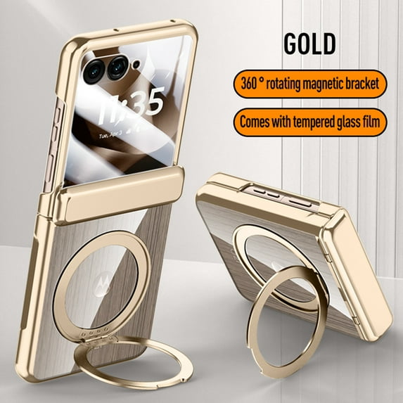 Dteck for Motorola Razr Ultra 2025 Case ,Slim Non-Yellowing Case Compatible with MagSafe 360° Rotatable Ring Stand Electroplated PC Hinge Protection Built Front Screen Protector Clear Cover,Gold