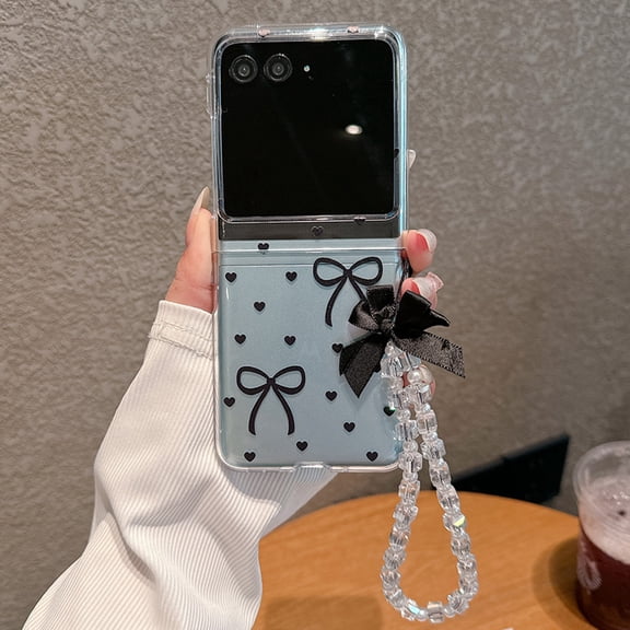 Dteck for Motorola Razr Ultra 2025 Case with Strap Bracelet Chain, Lightweight Cute Stylish Anti Yellowing Clear Hard PC Shockproof Cover,Black Bowknot
