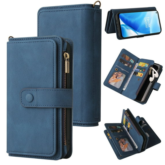 Dteck OnePlus Nord N200 5G Case, Heavy Duty 15 Card Slots Large Capacity Zipper Pocket 2 in 1 Wallet Phone Case for OnePlus Nord N200 5G, Blue
