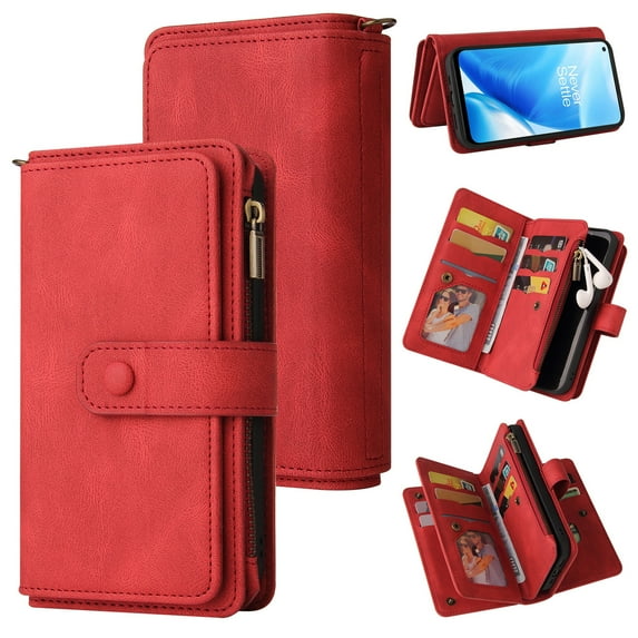 Dteck OnePlus Nord N200 5G Case, Heavy Duty 15 Card Slots Large Capacity Zipper Pocket 2 in 1 Wallet Phone Case for OnePlus Nord N200 5G, Red