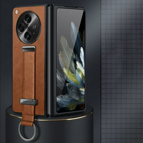 Dteck for OnePlus Open Case with Hand Strap Holder, Shockproof Premium PU Leather Slim Flip Protective Case Adjustable Wristband Stand Ring Cover, brown