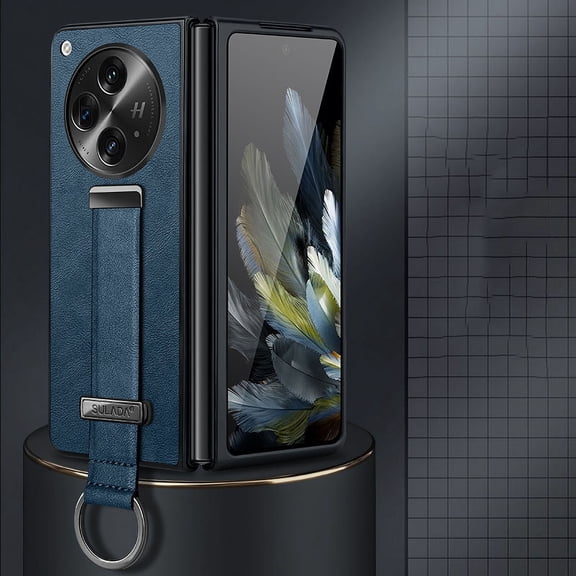 Dteck for OnePlus Open Case with Hand Strap Holder, Shockproof Premium PU Leather Slim Flip Protective Case Adjustable Wristband Stand Ring Cover, darkblue