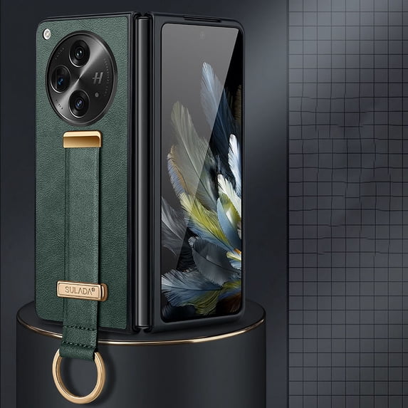 Dteck for OnePlus Open Case with Hand Strap Holder, Shockproof Premium PU Leather Slim Flip Protective Case Adjustable Wristband Stand Ring Cover, darkgreen