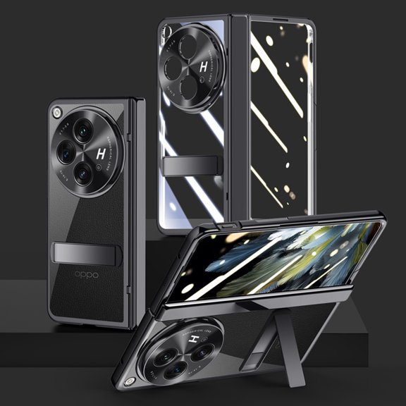 Dteck for OnePlus Open Case with Hinge Protection, Ultra Slim Plating Hard PC Clear Case with Hidden Stand Full Body Shockproof Case with Metal Camera Protector,Black+HD Screen Protector