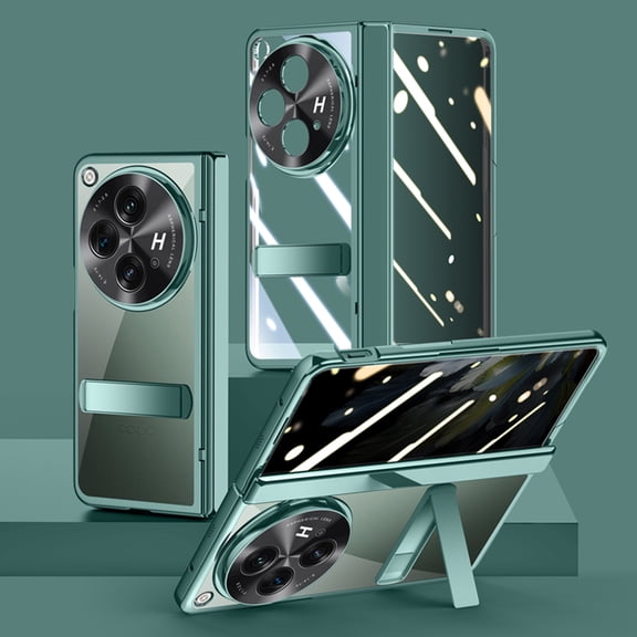 Dteck for OnePlus Open Case with Hinge Protection, Ultra Slim Plating Hard PC Clear Case with Hidden Stand Full Body Shockproof Case with Metal Camera Protector,Green+Privacy Screen Protector