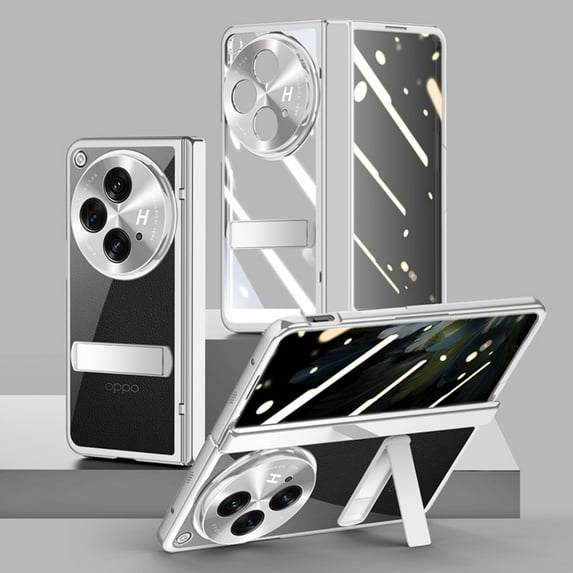 Dteck for OnePlus Open Case with Hinge Protection, Ultra Slim Plating Hard PC Clear Case with Hidden Stand Full Body Shockproof Case with Metal Camera Protector,Silver+Privacy Screen Protector