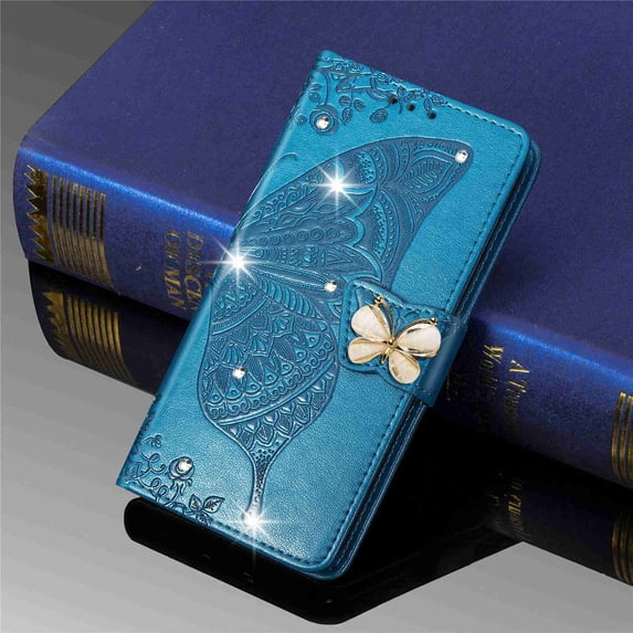 Dteck for Oneplus Nord N200 5G 2021 Released Bling Diamond Butterfly Embossed Wallet Flip PU Leather Magnetic Card Slots with Stand Cover, Blue Butterfly