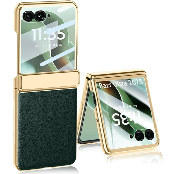 Dteck PU Leather Case For Motorola Razr 2025 / Razr 60 with Built-in Screen Protector & Hinge Protection, Shockproof Plating Ultra Slim Hard Frame Protective Cover, Green