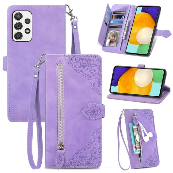 Dteck PU Leather Case for Samsung Galaxy A32 4G Embossed Flower Pattern Zipper Wallet Case with Handstrap Lanyard Card Slots Magnetic Kickstand Protective Case for Samsung Galaxy A32 4G,Purple