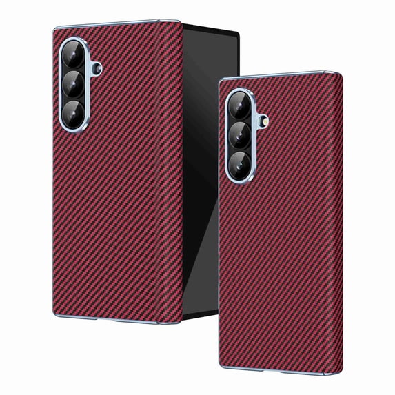 Dteck PU Leather Case for Samsung Galaxy Z Fold 6, Luxury Carbon Fiber Texture Plating Flip Cover Slim Hard Back Anti-Scratch Case, Red
