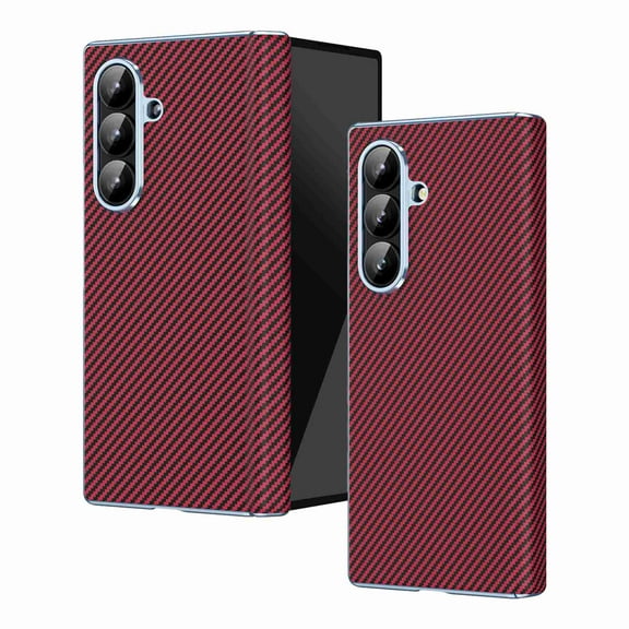 Dteck PU Leather Case for Samsung Galaxy Z Fold 7, Luxury Carbon Fiber Texture Plating Flip Cover Slim Hard Back Anti-Scratch Case, Red