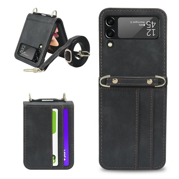 Dteck PU Leather Crossbody Phone Case for Samsung Galaxy Z Flip 4 2022(6.7 inch), Scratch-Resistant Wallet Back Card Slots Detachable Lanyard Cover for Galaxy Z Flip4 5G, Black