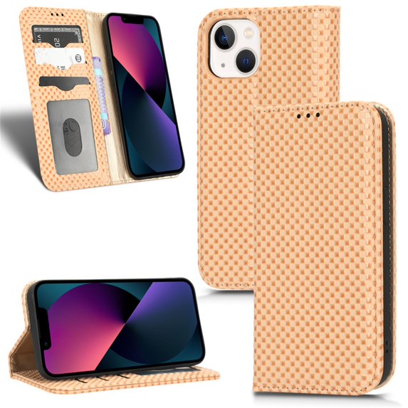 Dteck PU Leather Wallet Case for iPhone 13 6.1" 2021, Flip Kickstand Detachable Lanyard Card Slots & Cash Pocket Anti-drop Shockproof Fashion Beaded Plaid Full Body Protective Case For iPhone 13,Beige