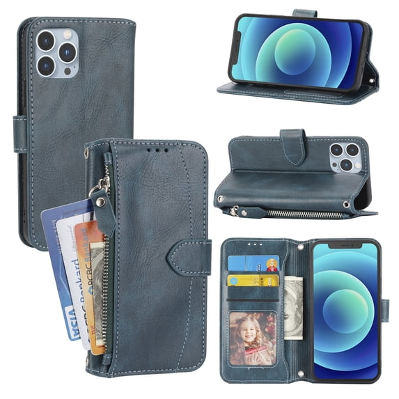 Dteck PU Leather Zipper Wallet Case for iPhone 12 Pro Max with Crossbody Shoulder Strap Card Slots Kickstand Shockproof Magnetic Protective Case for iPhone 12 Pro Max 6.7 inch,Green