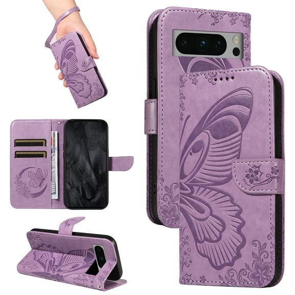 Dteck Pattern Case for Google Pixel 8 Pro,Magnetic Leather Butterfly Floral Embossed Flip Case Card Slots Wallet Stand Cover with Wrist Strap for Google Pixel 8 Pro,Purple