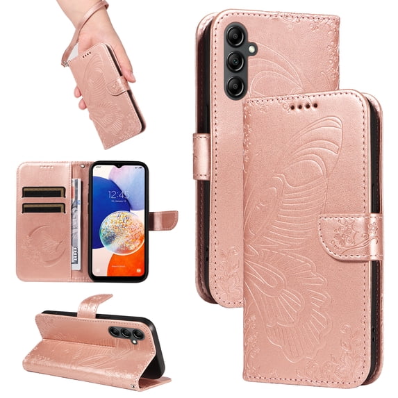 Dteck Pattern Case for Samsung Galaxy A15,Magnetic Leather Butterfly Floral Embossed Flip Case Card Slots Wallet Stand Cover with Wrist Strap for Galaxy A15 5G,Rosegold