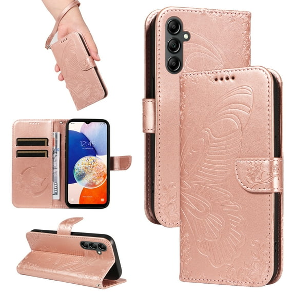 Dteck Pattern Case for Samsung Galaxy S23 FE,Magnetic Leather Butterfly Floral Embossed Flip Case Card Slots Wallet Stand Cover with Wrist Strap for Galaxy S23 FE,Rosegold