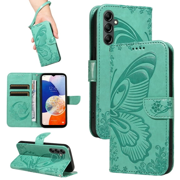 Dteck Pattern Case for Samsung Galaxy S23 Ultra,Magnetic Leather Butterfly Floral Embossed Flip Case Card Slots Wallet Stand Cover with Wrist Strap for Galaxy S23 Ultra,Green