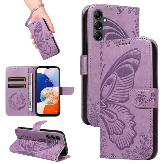 Dteck Pattern Case for Samsung Galaxy S23 Ultra,Magnetic Leather Butterfly Floral Embossed Flip Case Card Slots Wallet Stand Cover with Wrist Strap for Galaxy S23 Ultra,Purple